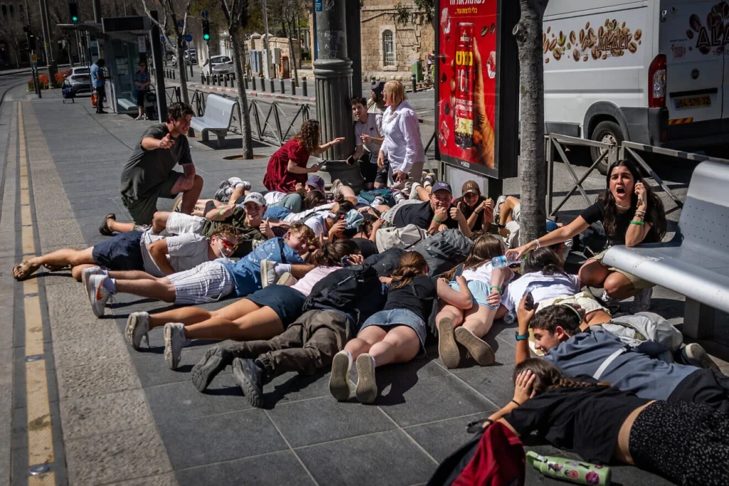 Taking cover in Jerusalem during siren warning of Houthi missile