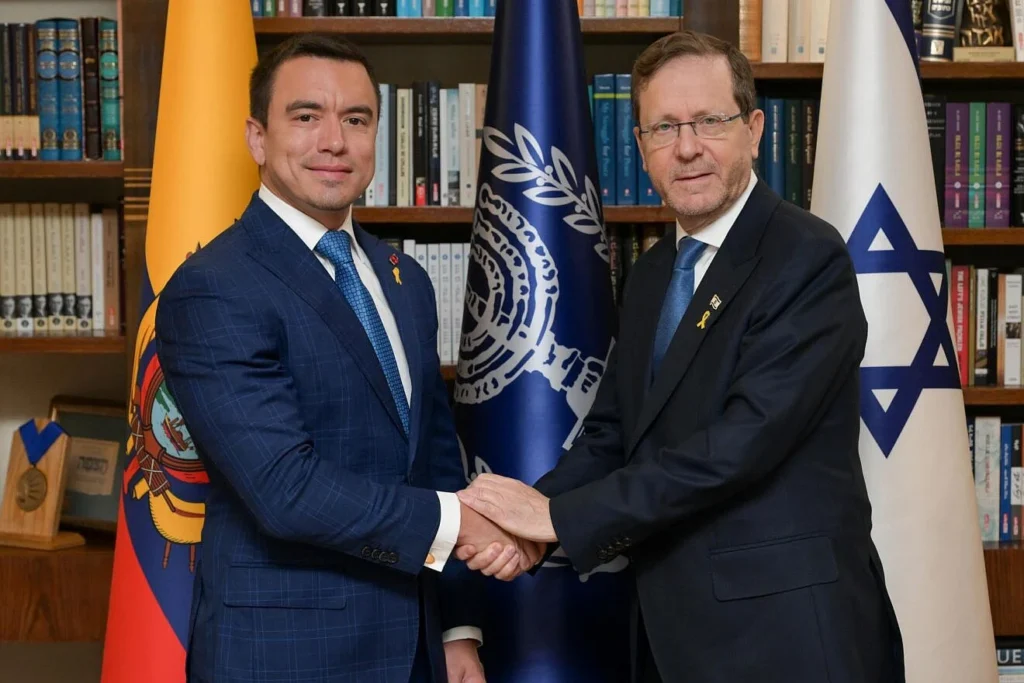 Israeli President Isaac Herzog (right) meets Ecuadorian President Daniel Noboa