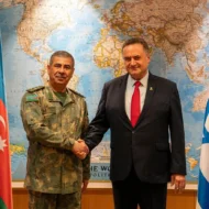 Azerbaijani Defense Minister Colonel General Zakir Hasanov (left) and Israeli Defense Minister Israel Katz